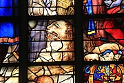 English: Detail of the stained-glass window number 25 in the Sint Janskerk at Gouda, Netherlands: "The relief og Leyden"