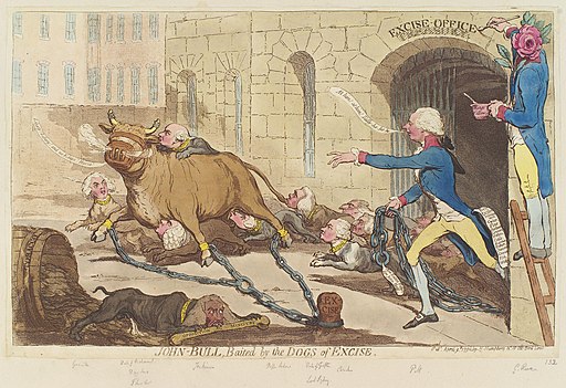 John-Bull, baited by the dogs of excise by James Gillray