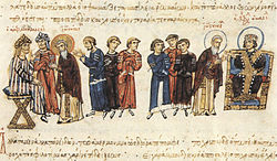 The embassy of John the Grammarian in 829, between the emperor Theophilos and the Abbasid caliph Al-Ma'mun John the Grammarian as ambassador before Theophilos and Mamun.jpg