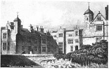 Engraving of Kentwell Hall in 1823, three years before the fire that destroyed much of the central part of the house Kentwell Hall 1823.jpg
