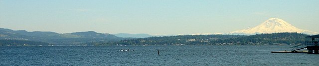 Lake Washington looking southeast toward Mercer Island with Mount Rainier in background