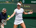 Laura Siegemund competing in the first round of the 2015 Wimbledon Qualifying Tournament at the Bank of England Sports Grounds in Roehampton, England. The winners of three rounds of competition qualify for the main draw of Wimbledon the following week.