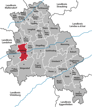 Die Gemeinde Loiching vor der Gebietsreform in Bayern im damaligen Landkreis Dingolfing (Grenzen von 1961, ohne Weigendorf)