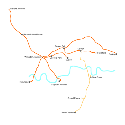 Initial London Overground network from November 2007 (orange) and the East London line in 2010 (light orange).[21]