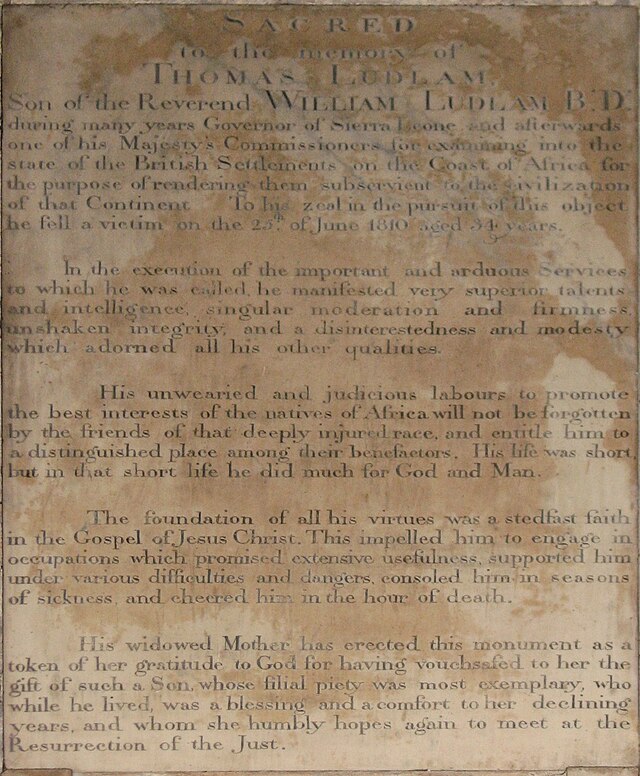 Memorial tablet to Thomas Ludlam in St Mary de Castro church, Leicester. Placed in the church by his mother.
