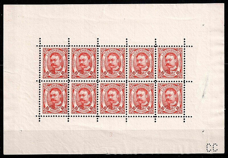 File:Luxembourg 1906 Mi 72 souvenir sheet of 10 (Grand Duke of Luxembourg William IV).jpg