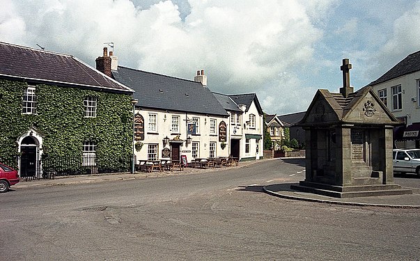 Magor Square, Monmouthshire, Wales, in 1985 showing War Memorial and Golden Lion pub