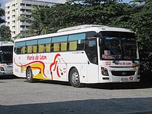 A Maria De Leon Hyundai Universe bus at Avenida Terminal in Manila. One of the units plies to Avenida-San Fernando route. Maria De Leon Transportation 39.jpg