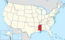 Kaart van de Verenigde Staten met Mississippi gemarkeerd