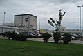 The South Vertical Assembly Building viewed from Gentilly Road. The electrical substation provides power for the factory's electric arc furnace