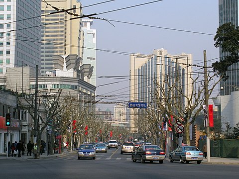 Right-hand traffic on Nanjing Road in Jing'an, Shanghai, China