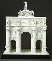 Model of John Nash's original design for Marble Arch, featuring the statue of George IV on top of the arch Nashvanda.jpg