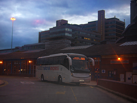 A National Express coach on route 560 arriving at Sheffield Interchange