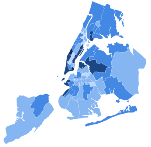 Un mapa de los distritos de la Asamblea por su voto en las elecciones a la alcaldía de la ciudad de Nueva York de 1929.  Todos votaron por Walker en diversos grados.