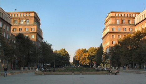 Bostadshus i stadsdelen Nowa Huta i Kraków i Polen. Tidleg 1950-tal.