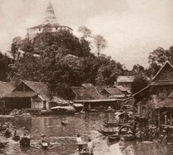 Pemandangan Bangkok pada abad ke-19 dengan Gunung Emas di latar belakang.