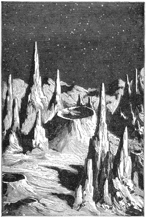 "Lunar Day," from the book Recreations in Astronomy by H. D. Warren D. D., 1879. Later study showed that the surface features are much more rounded du