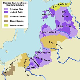 Situation after the conquest in the late 13th century. Areas in purple under control of the Monastic State of the Teutonic Knights. Ordensstaat-kirchlich.jpg