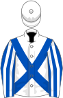 White, royal blue cross belts, royal blue and white striped sleeves