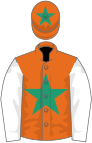 Orange, emerald green star, white sleeves, orange cap, emerald green star