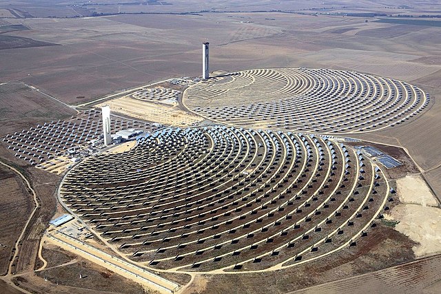 Aerial view of Europe's most powerful solar power towers, near Seville, Spain