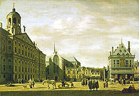 De Dam in de 18e eeuw, met het Stadhuis, thans Paleis, erachter de Nieuwe Kerk en rechts de in 1808 afgebroken Waag.