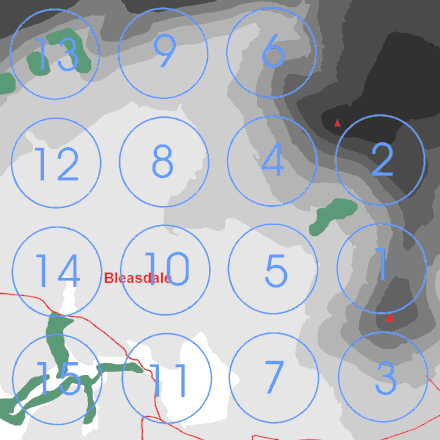 Layout of the "Parlick Grid Challenge". Parlick is bottom right, between grid locations 1 and 3.