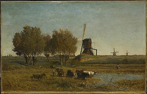 Paul Joseph Constantin Gabriël (landscape) and Johannes Hubertus Leonardus de Haas (figures). A Watercourse at Abcoude label QS:Len,"A Watercourse at Abcoude" label QS:Lpl,"Winkel w Abcoude" label QS:Lnl,"In de Winkel te Abcoude" between 1870 and 1877 date QS:P,+1870-00-00T00:00:00Z/8,P1319,+1870-00-00T00:00:00Z/9,P1326,+1877-00-00T00:00:00Z/9 . 52 × 82 cm (20.4 × 32.2 in). Amsterdam, Rijksmuseum Amsterdam.