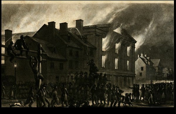 An engraving by John Sartain, an eyewitness. Note water directed toward adjacent building.