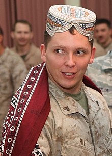 American soldier wearing Ajrak Person wearing Sindhi ajrak.jpg