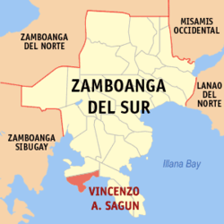 Mapa ng Zamboanga del Sur na nagpapakita sa lokasyon ng Vincenzo A. Sagun.