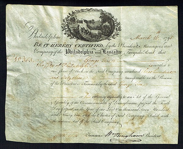 Share of the "Company of the Lancaster and Turnpike Road", issued 16 March 1795