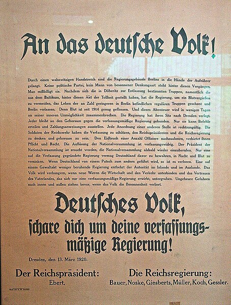 Government poster against the Kapp Putsch, 13 March 1920.