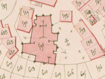 Plan cadastral napoléonien de Sousceyrac : en 1826, l'église se trouve dans l'enclos paroissial qui était autrefois le prieuré. On y trouve encore le cimetière au centre déplacé en dehors du bourg au milieu du XIXe siècle.