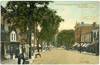 Greenwich Avenue, looking south, from a 1910 postcard PostcardGreenwichCTGreenwichAve1910.jpg