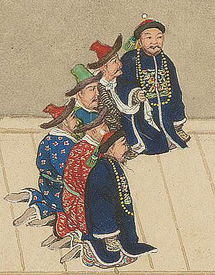 Presentation to the Emperor of Muslim prisoners (guarded by two Qing attendants) taken during the "Subjugation of the Muslim Tribes" in 1759 (detail). Painting by Jean Denis Attiret