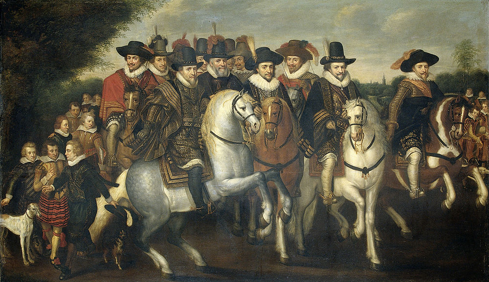 Prins Maurice with his two brothers, their nephew, Frederik V of the Palatine and King of Bohemia, and various members of the House of Nassau on parade. In the first row, from left to right: Prince Maurice, Stadholder of Holland and Captain-General, his nephew Frederik V (1596-1632), Elector Palatine and King of Bohemia, Prince Philip William, then the reigning prince of Orange, and Prince Frederick Henry. in the 2nd row, among others: William Louis, count of Nassau-Dillenburg and Stadholder of Friesland, Ernst Casimir (1573-1632), count of Nassau-Dietz and Louis Gunther, count of Nassau. The painting was entitled 'de Nassausche helden'.