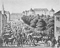 Pferdemarkt auf der Planie in Stuttgart, Farblitografie von 1875. Von links: nicht identifiziertes Gebäude, Gasthof „König von England“, Stiftskirche, Prinzenbau, Altes Schloss.