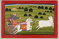 Prithu chases the goddess earth, illustrated manuscript of the Bhagavata Purana , ca 1740, Nainsukh family, Guler. Prithu.jpg