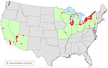 Carte de distribution des moules quagga aux États-Unis en 2007