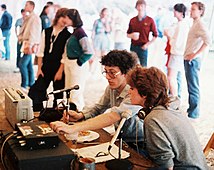 Quest and Lisa Neideffer of WRVU-FM broadcasting at Vanderbilt University, 1984 Quest at WRVU.jpg