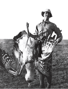 Richard Meinertzhagen holds a shot kori bustard near Nairobi in 1915, illustrating the bird's huge size. RMKenya1915.png