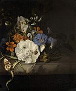 Rachel Ruysch - marmar plita ustida hasharotlar va kapalaklar bilan gullarni purkash - 1690-yillar - PD.38-1975.jpg