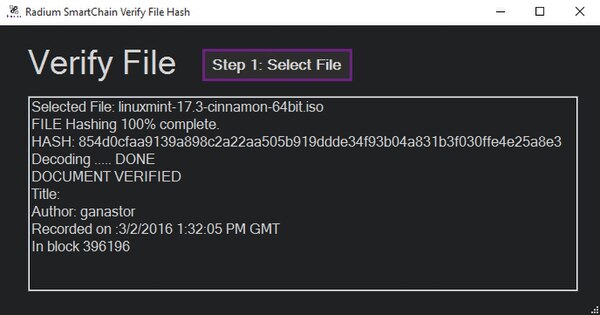 Screenshot of the Radium SmartChain file signing dialog, with the Linux Mint 17.3 64 bit .ISO