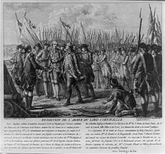 French engraving depicting the surrender Reddition de Cornwalis 1781 french engraving 1784 avec texte.jpg