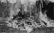 Charred corpse of Jesse Washington among the ashes Remains of Jesse Washington's burned body and cinders after lynching in Waco, Texas.jpg