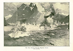 Great White Fleet passerar genom Magellans sund (1908). Målningen, som är signerad längst ner till höger, utfördes av Henry Reuterdahl, som reste på flottan USS Culgoa, som var ett kylförsörjningsfartyg i US Navy, Förenta Staternas flotta.