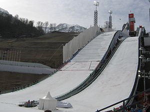 Вид на трамплины комплекса «Русские горки» во время зимних Олимпийских игр 2014 года