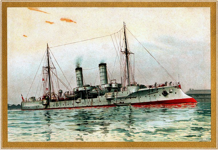 (created by Hugo Graf, restored by Adam Cuerden) SMS Gazelle was a German Imperial Navy light cruiser, launched in 1898. She participated in the Venezuela Crisis of 1902–1903, and served as a coastal defense ship in the early years of World War I until she was hit by a mine off Cape Arkona, and was demoted to serving as a minelayer hulk. She was sold for scrap at the end of the war.