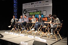 From left: Moderator Steven Leckart, co-creator Mike Judge, executive producer Alec Berg, and stars Thomas Middleditch, Zach Woods, Martin Starr, and Josh Brener at 2016 South by Southwest. SXSW 2016 - Silicon Valley panel (25754527265).jpg